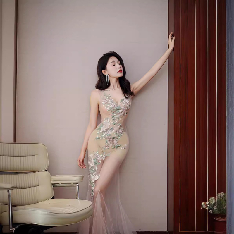 Haljina od mrežaste tkanine, reljefni detalji, duboki V izrez, bez rukava, duga suknja