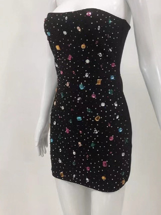Haljina bodycon bez ramena s 3D uzorkom, pleteni materijal, metalne nite, kratka duljina