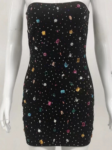 Haljina bodycon bez ramena s 3D uzorkom, pleteni materijal, metalne nite, kratka duljina