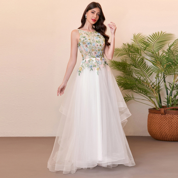 3D virágos hímzéssel készült esküvői ruha, hálóanyag, poliészter-spandex, egyvállas, hosszú szoknya