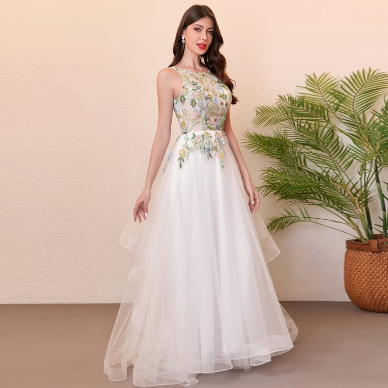 3D virágos hímzéssel készült esküvői ruha, hálóanyag, poliészter-spandex, egyvállas, hosszú szoknya