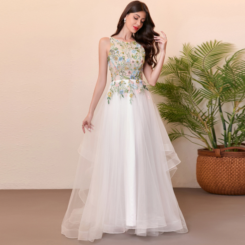 3D virágos hímzéssel készült esküvői ruha, hálóanyag, poliészter-spandex, egyvállas, hosszú szoknya