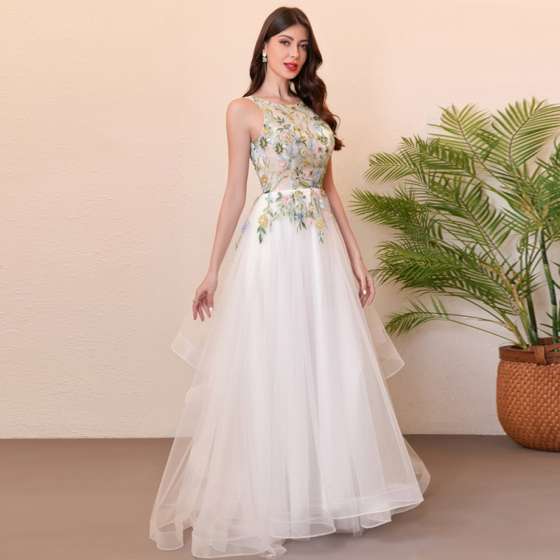 3D virágos hímzéssel készült esküvői ruha, hálóanyag, poliészter-spandex, egyvállas, hosszú szoknya
