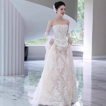 Bijela haljina za vjenčanje bez naramenica, lagana s malim šlepom, svečana haljina u stilu šumske vile, elegantna večernja haljina