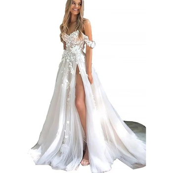 Rochie de mireasă cu decolteu pe un umăr, talie înaltă, fustă lungă, poliester