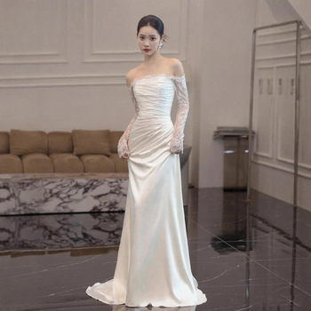 Rochie mireasă în A-line, talie înaltă, mâneci lungi, fustă lungă, poliester, toamna 2025