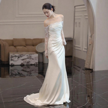 Rochie mireasă în A-line, talie înaltă, mâneci lungi, fustă lungă, poliester, toamna 2025