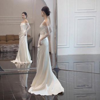 Rochie mireasă în A-line, talie înaltă, mâneci lungi, fustă lungă, poliester, toamna 2025