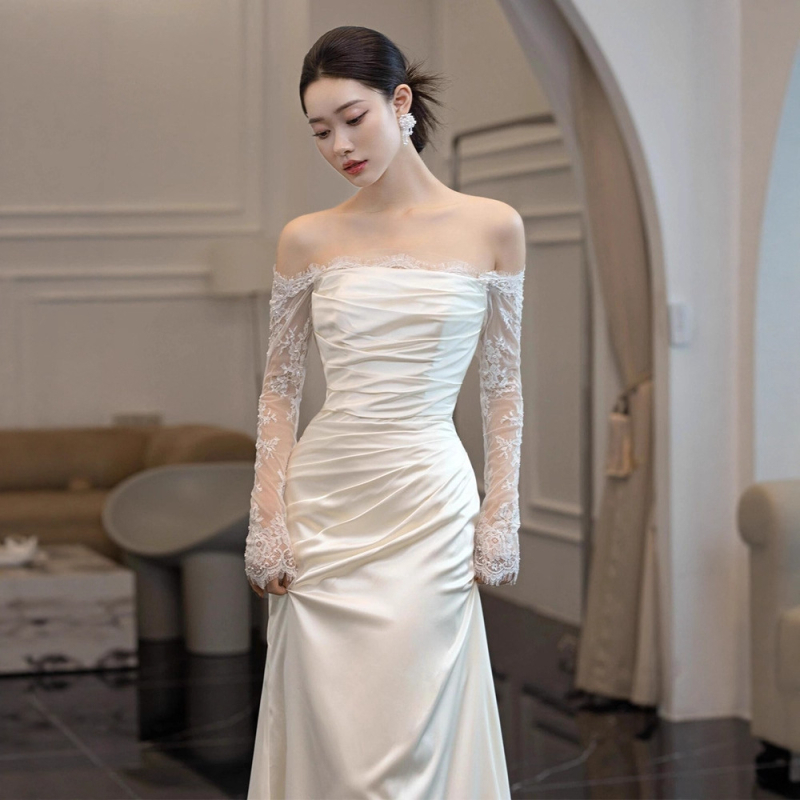 Rochie mireasă în A-line, talie înaltă, mâneci lungi, fustă lungă, poliester, toamna 2025