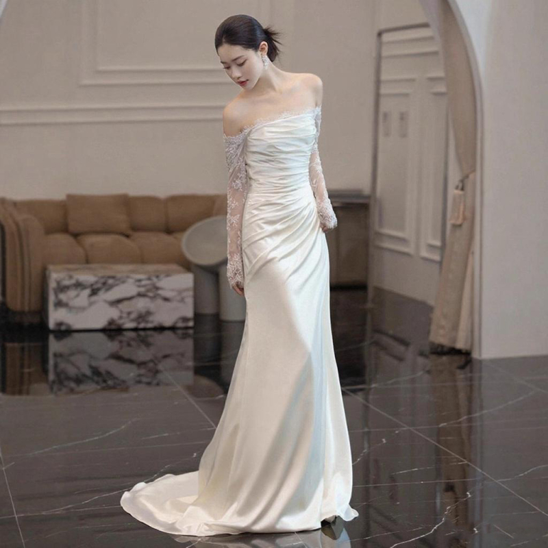 Rochie mireasă în A-line, talie înaltă, mâneci lungi, fustă lungă, poliester, toamna 2025