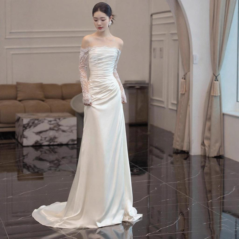 Rochie mireasă în A-line, talie înaltă, mâneci lungi, fustă lungă, poliester, toamna 2025