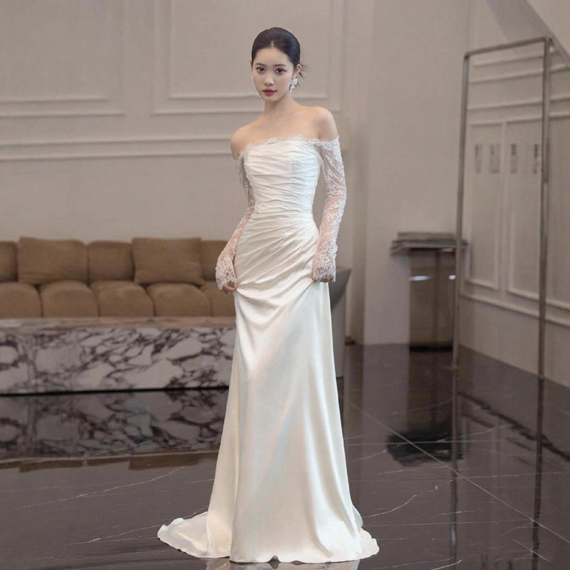 Rochie mireasă în A-line, talie înaltă, mâneci lungi, fustă lungă, poliester, toamna 2025