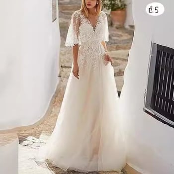 Vjenčana haljina s dugim rukavima od lana i čipke, inspirirana šumom, V-dekolte u Hepburn stilu, visok struk, mali šlep