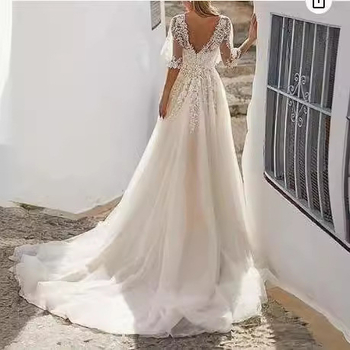 Vjenčana haljina s dugim rukavima od lana i čipke, inspirirana šumom, V-dekolte u Hepburn stilu, visok struk, mali šlep