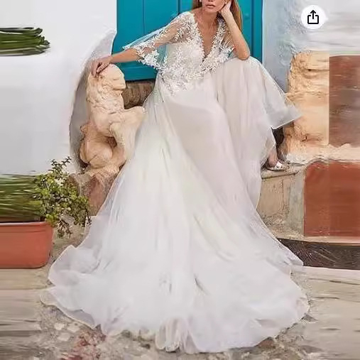 Vjenčana haljina s dugim rukavima od lana i čipke, inspirirana šumom, V-dekolte u Hepburn stilu, visok struk, mali šlep