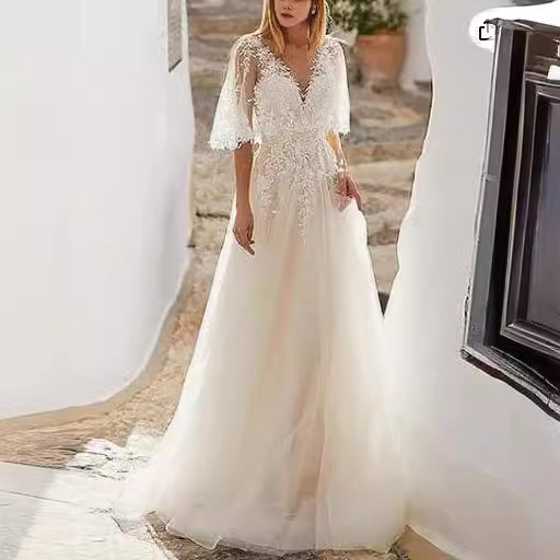 Vjenčana haljina s dugim rukavima od lana i čipke, inspirirana šumom, V-dekolte u Hepburn stilu, visok struk, mali šlep