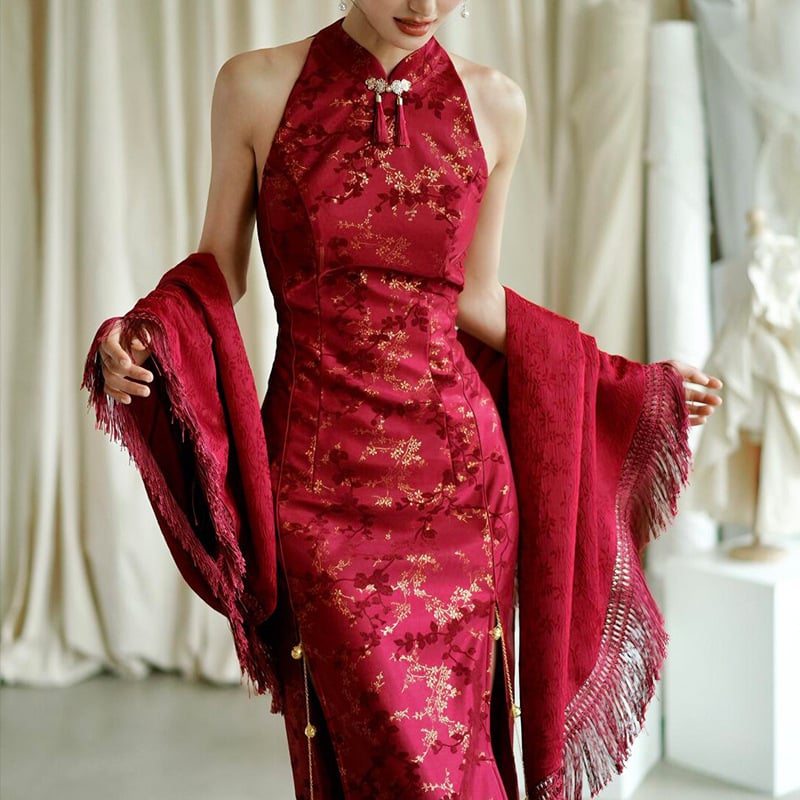 Qipao vjenčana haljina, A-line kroj, visokim strukom, bez rukava, duga suknja, chenille tkanina s 30–50% elastana, proljeće 2025