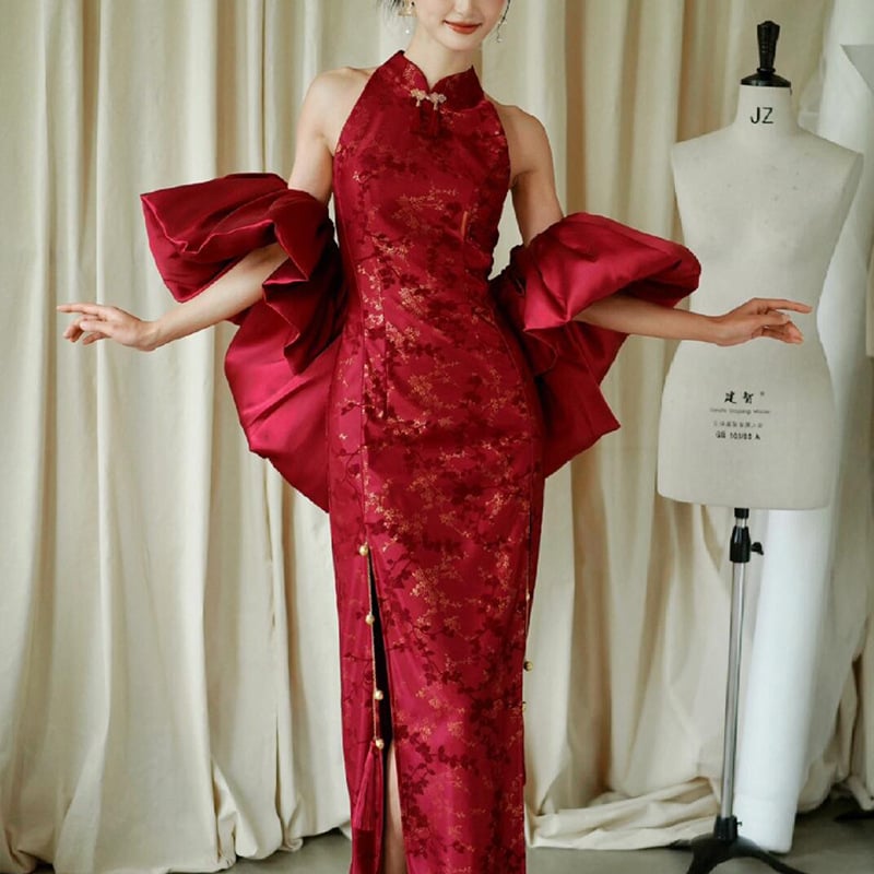Qipao vjenčana haljina, A-line kroj, visokim strukom, bez rukava, duga suknja, chenille tkanina s 30–50% elastana, proljeće 2025