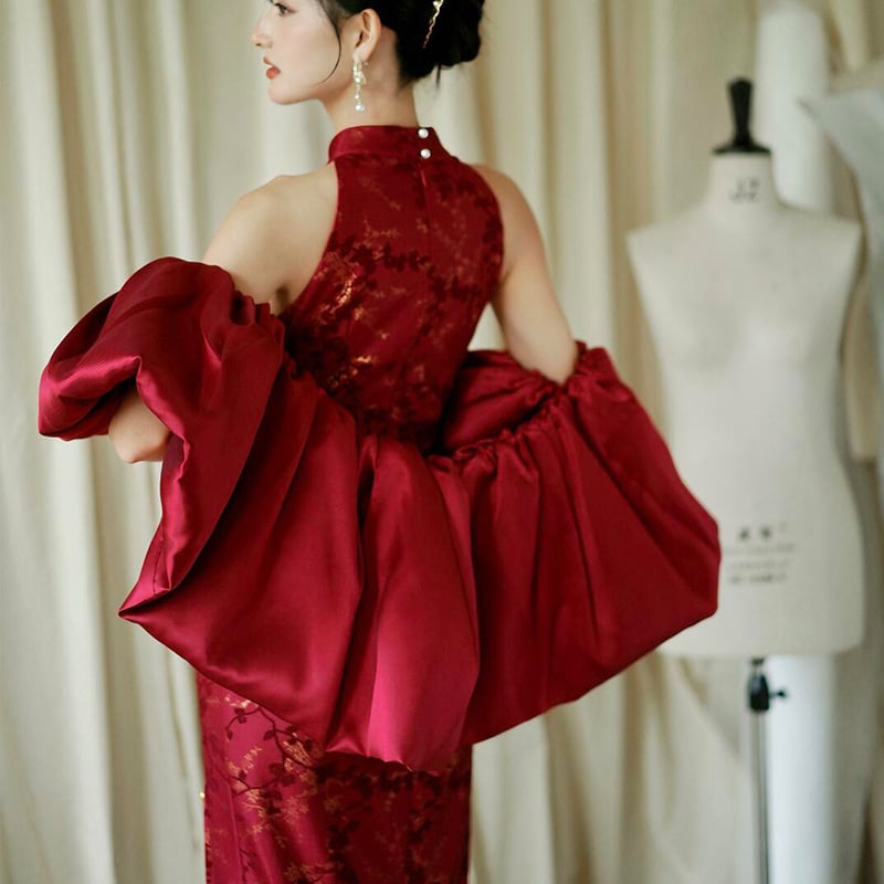 Qipao vjenčana haljina, A-line kroj, visokim strukom, bez rukava, duga suknja, chenille tkanina s 30–50% elastana, proljeće 2025