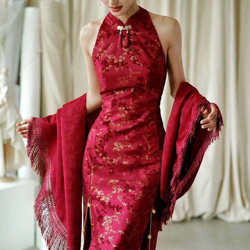 Qipao vjenčana haljina, A-line kroj, visokim strukom, bez rukava, duga suknja, chenille tkanina s 30–50% elastana, proljeće 2025