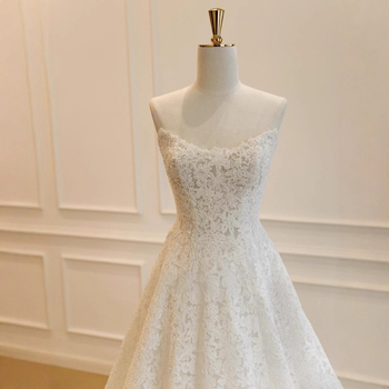 Váll nélküli menyasszonyi ruha, csipével, poliészter, A-vonalú szabás, magas derék