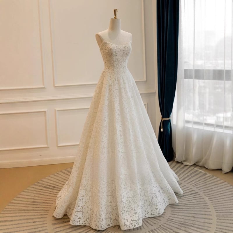 Váll nélküli menyasszonyi ruha, csipével, poliészter, A-vonalú szabás, magas derék