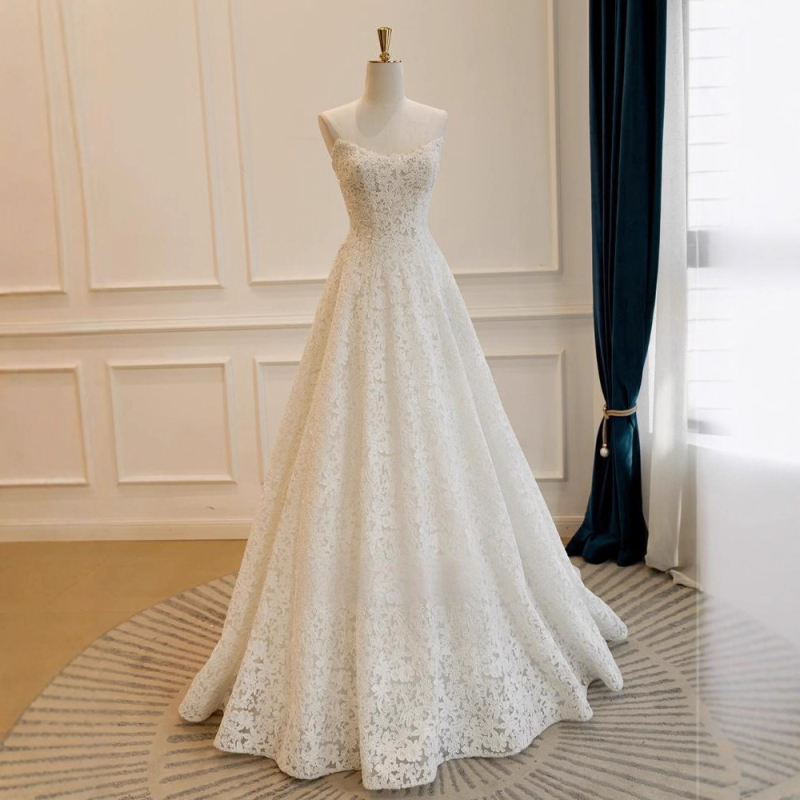 Váll nélküli menyasszonyi ruha, csipével, poliészter, A-vonalú szabás, magas derék