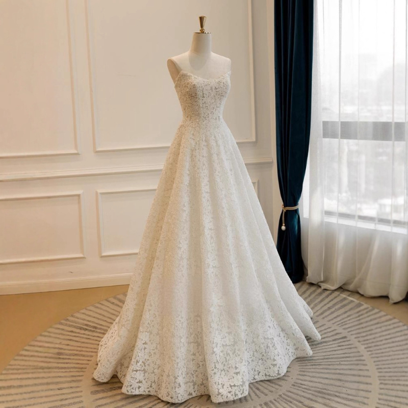 Váll nélküli menyasszonyi ruha, csipével, poliészter, A-vonalú szabás, magas derék