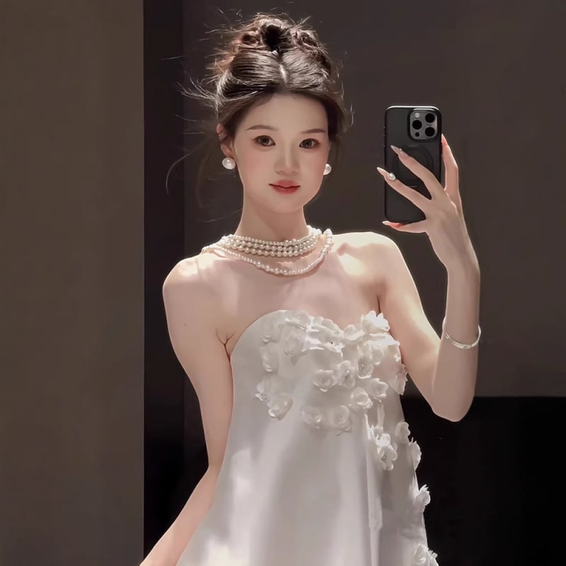 Rochie de mireasă fără bretele în stil franțuzesc, satin, croi A-line, lungă, talie înaltă, vară 2025