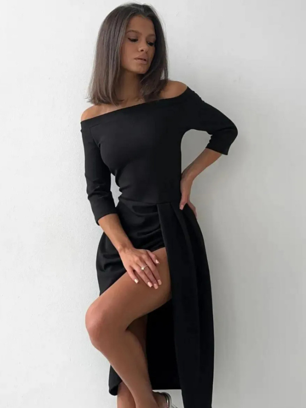 Рокля с едно рамо, миди дължина, цепка, вечерна рокля с А‑линия, полиестер-спандекс смес