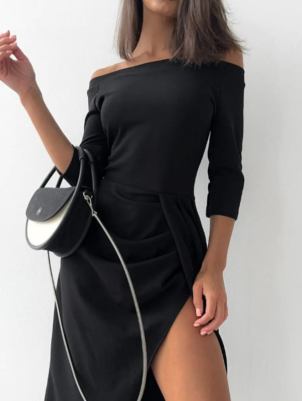 Рокля с едно рамо, миди дължина, цепка, вечерна рокля с А‑линия, полиестер-спандекс смес