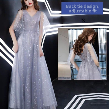Koszorúslányoknak szóló estélyi ruha, mély V-nyakkal, Feifei ujjakkal, hosszú szoknyával, anyag acetát-poliészter keverék
