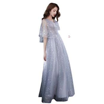 Koszorúslányoknak szóló estélyi ruha, mély V-nyakkal, Feifei ujjakkal, hosszú szoknyával, anyag acetát-poliészter keverék