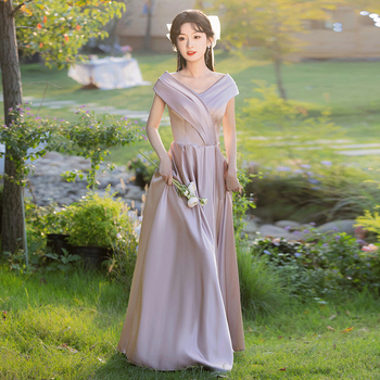 Satīna kāzu māsu kleita, vienu plecu izgriezums, garā svārka, poliesters, elegants stils, 2025