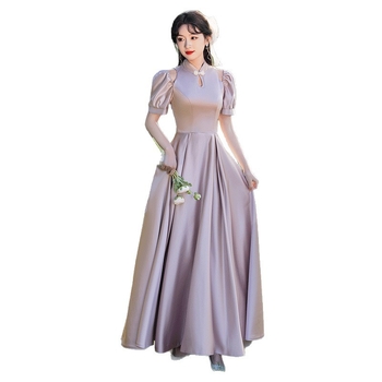 Satīna kāzu māsu kleita, vienu plecu izgriezums, garā svārka, poliesters, elegants stils, 2025