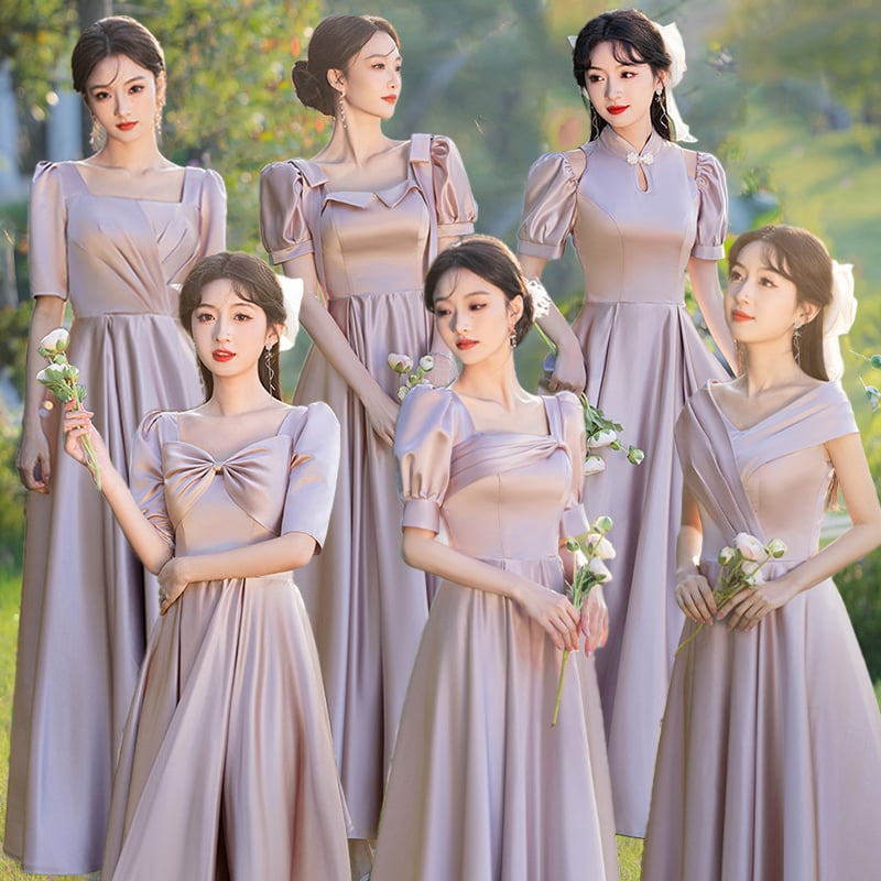 Satīna kāzu māsu kleita, vienu plecu izgriezums, garā svārka, poliesters, elegants stils, 2025