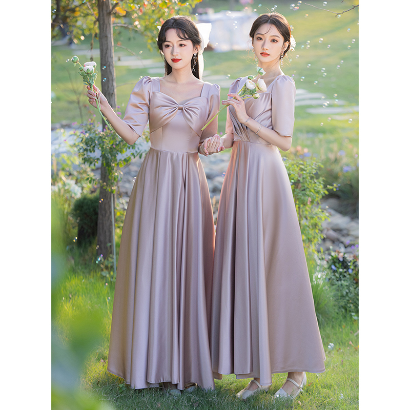 Satīna kāzu māsu kleita, vienu plecu izgriezums, garā svārka, poliesters, elegants stils, 2025