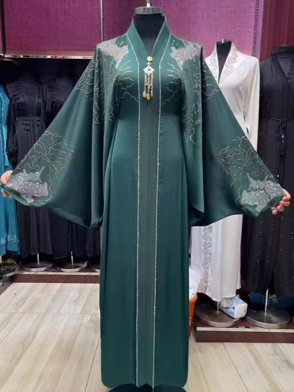 Női abaya maxi ruha virágos mintával, Tencel Lyocell 95%+, kerek nyakú, hosszú bat ujjú, tavasz 2025