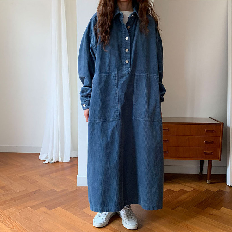 Poliester corduroy duga haljina s dvostrukim džepovima, polo ovratnik, dugi rukavi – opušteni japansko-korejski stil