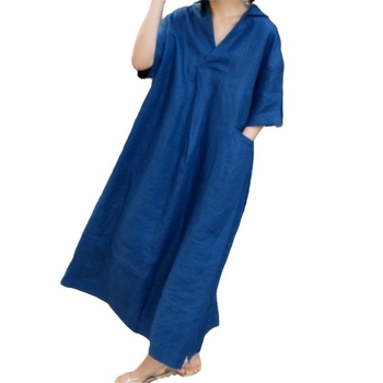 Rochie-cămașă din bumbac-lin, uni, decolteu în V, mâneci scurte, croială în A