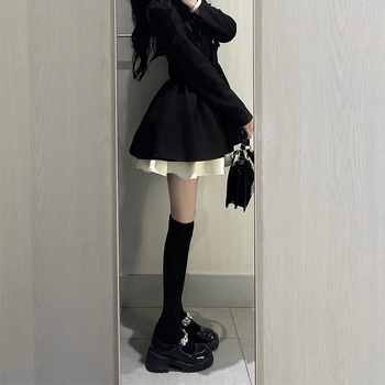 rochie din poliester, culoare solidă, guler stil sacou, mâneci lungi, fustă puff scurtă — toamnă 2024