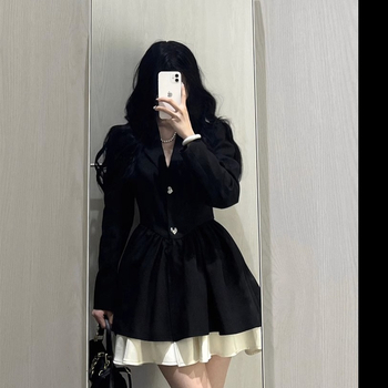 rochie din poliester, culoare solidă, guler stil sacou, mâneci lungi, fustă puff scurtă — toamnă 2024