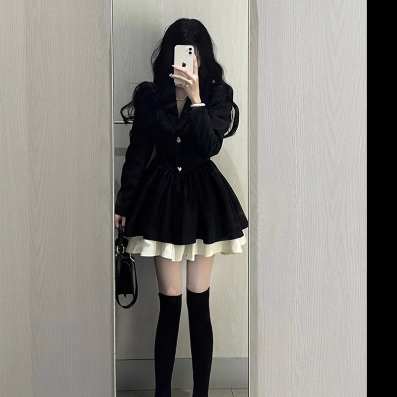 rochie din poliester, culoare solidă, guler stil sacou, mâneci lungi, fustă puff scurtă — toamnă 2024