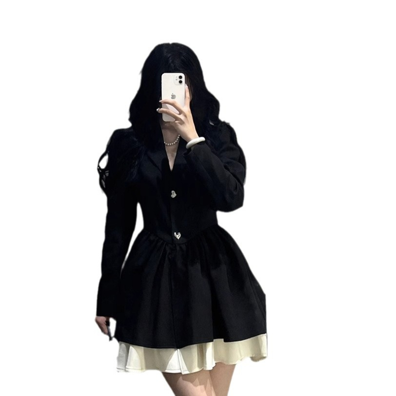 rochie din poliester, culoare solidă, guler stil sacou, mâneci lungi, fustă puff scurtă — toamnă 2024