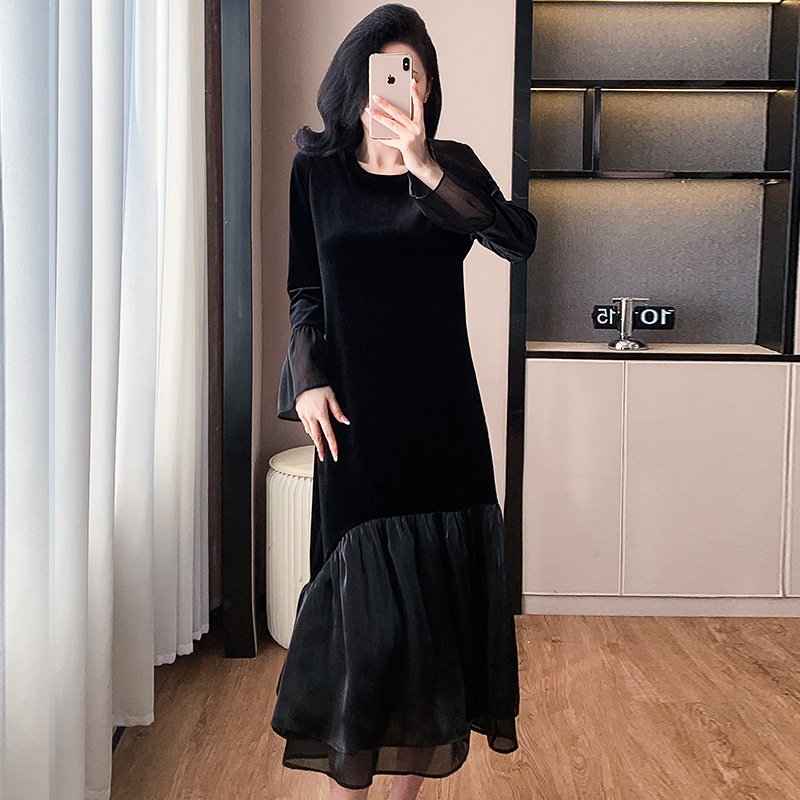 Haljina od baršuna s patchwork šivanjem, okrugli izrez, dugi rukavi, labav struk, midi duljina