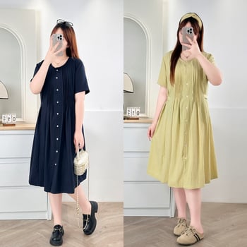 Rochie cu talie plisată, decolteu în formă de U, croială A-line, lungime midi, mâneci 3/4, material bambus-hemp cu poliester, vară 2025