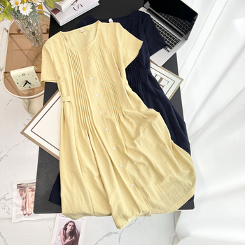 Rochie cu talie plisată, decolteu în formă de U, croială A-line, lungime midi, mâneci 3/4, material bambus-hemp cu poliester, vară 2025