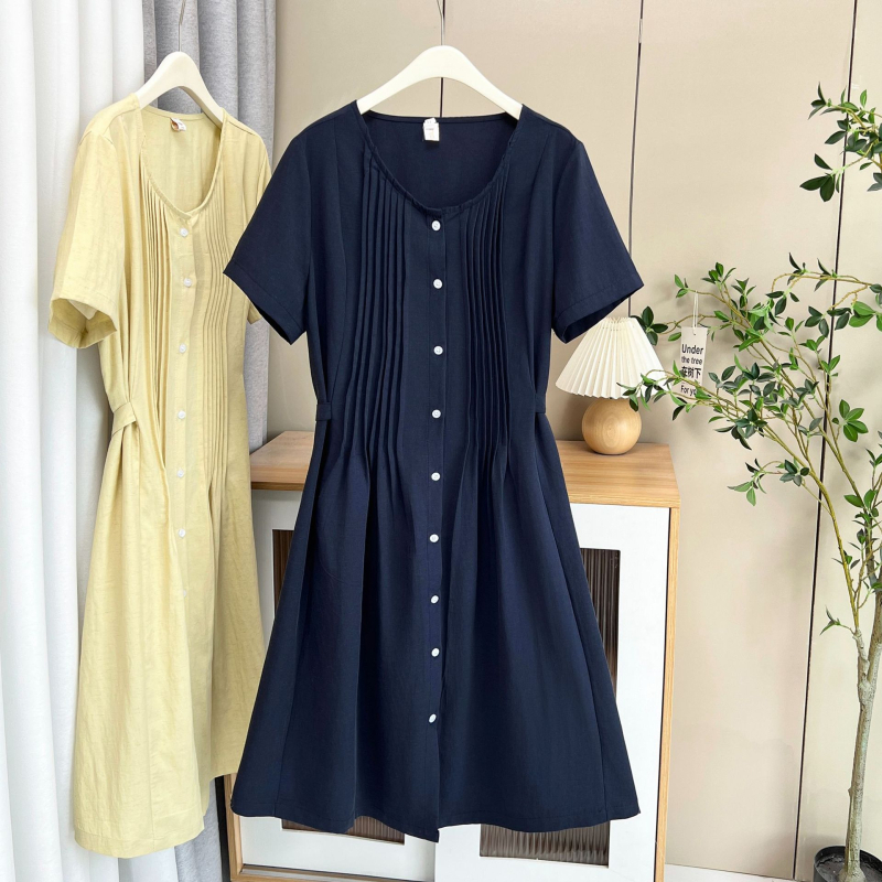 Rochie cu talie plisată, decolteu în formă de U, croială A-line, lungime midi, mâneci 3/4, material bambus-hemp cu poliester, vară 2025