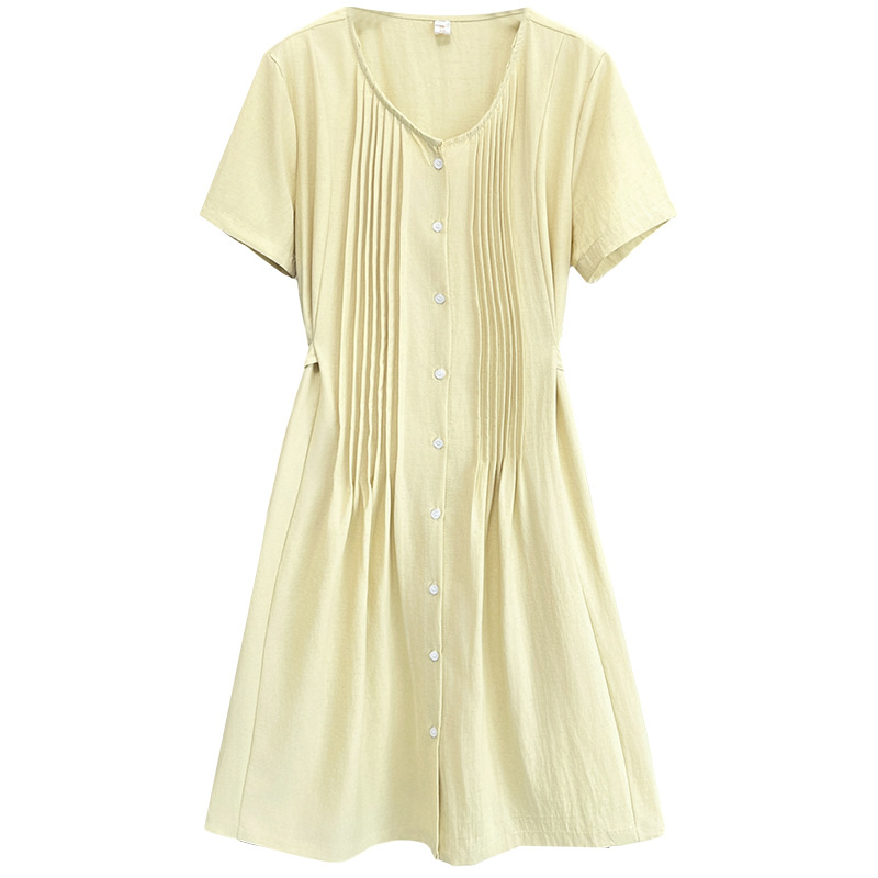 Rochie cu talie plisată, decolteu în formă de U, croială A-line, lungime midi, mâneci 3/4, material bambus-hemp cu poliester, vară 2025