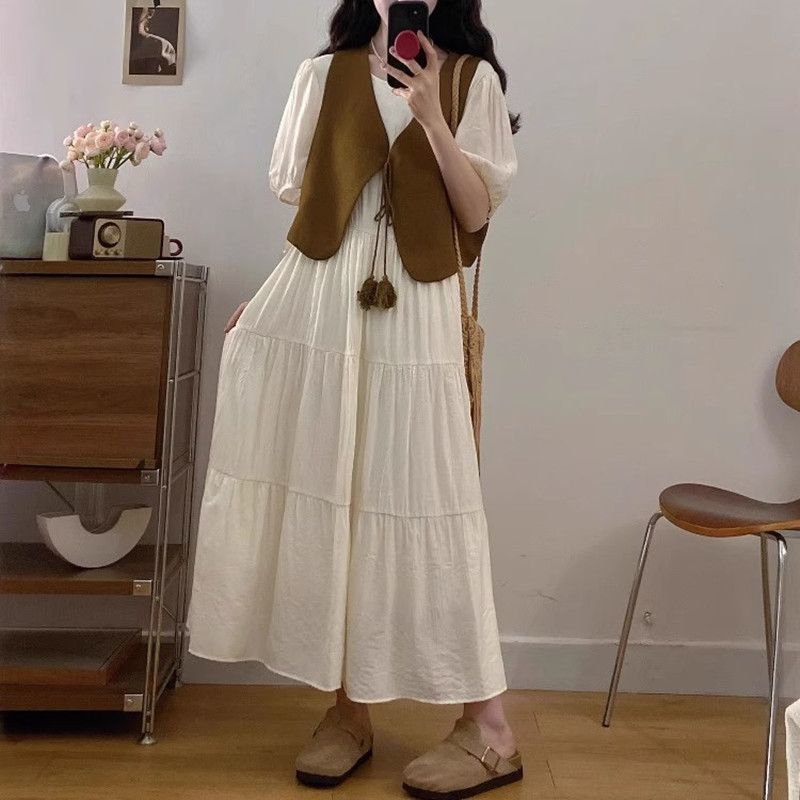 Plus-size ženski ljetni dvodijelni set s haljinom i vestom, krušnog oblika silueta, kratka A-linijska suknja, dugi rukavi, poliester